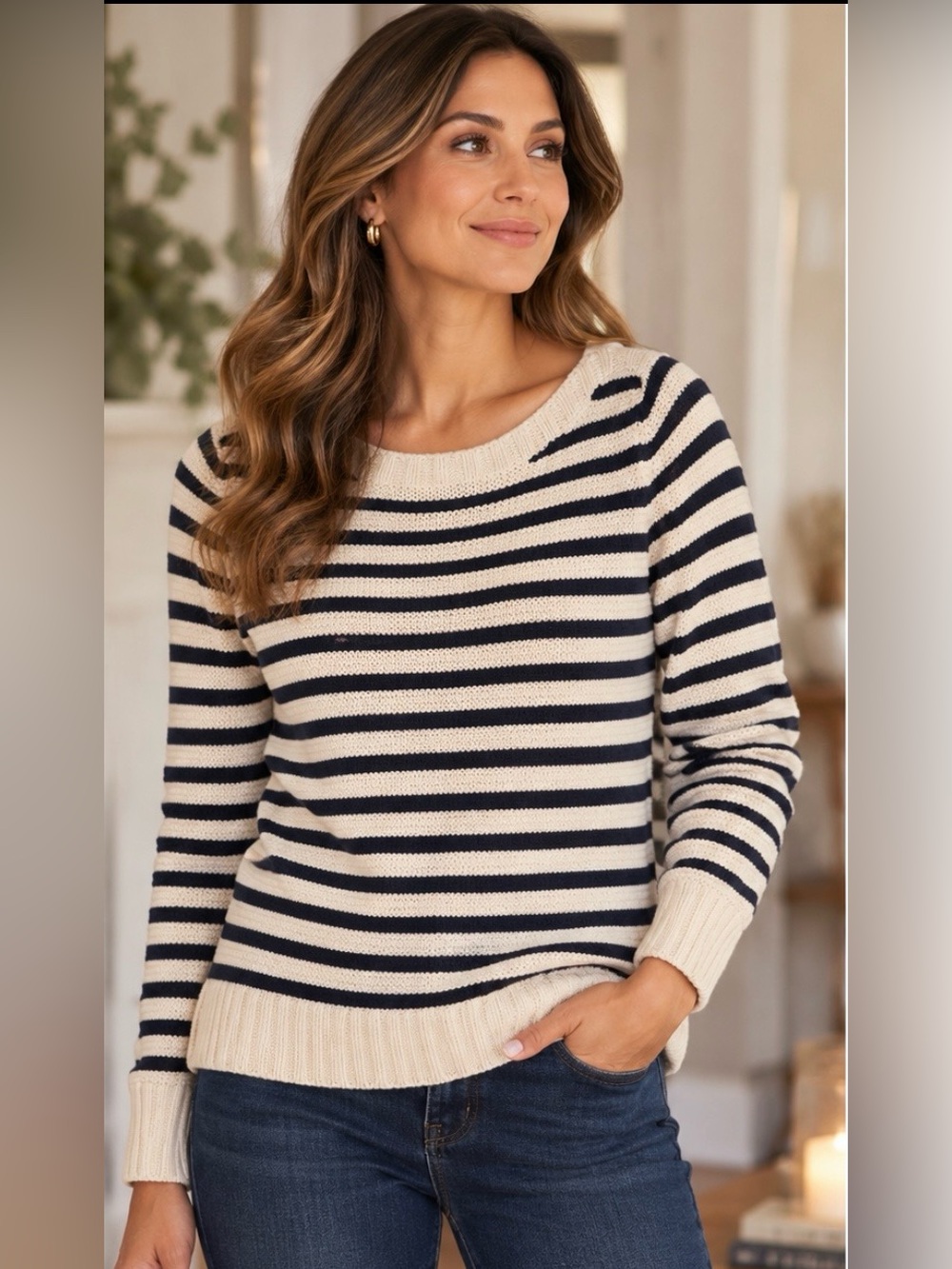Talbots Women’s Medium Navy Cream Striped Knit Sweater Coastal Classic